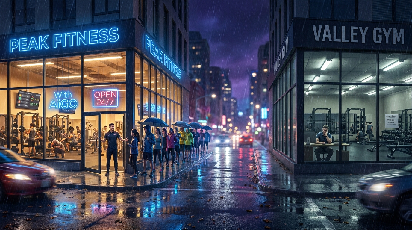 Two boutique gyms side by side — the one with AiGO has a line of members waiting outside, the one without is quiet